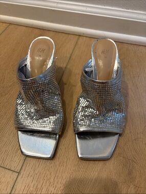 H&M Silver Sequin Square-Toe Slip-On Mules